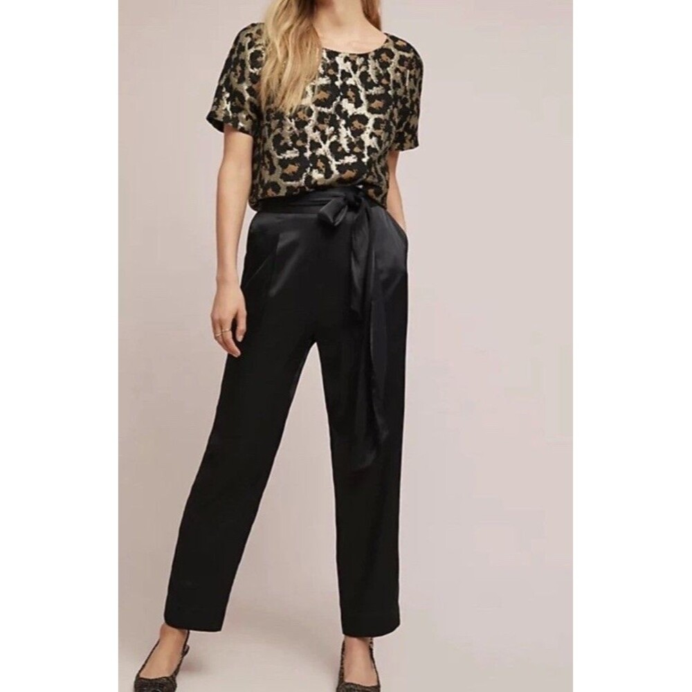 ANTHROPOLOGIE ETT TWA Satin Tie-Waist Pants Black Sz 4